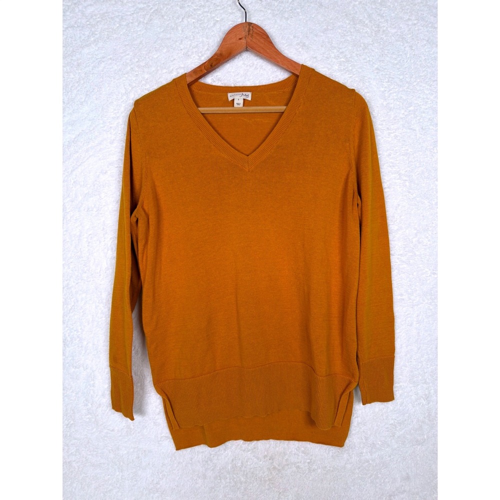 Maison Jules V-Neck Sweater Womens Small Mustard Yellow Cotton High-Low Hem